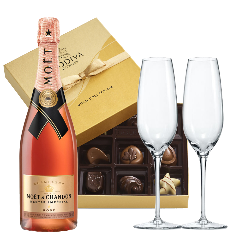Moet & Chandon Nectar Imperial Rose, Godiva Chocolate And Flute Gift Set